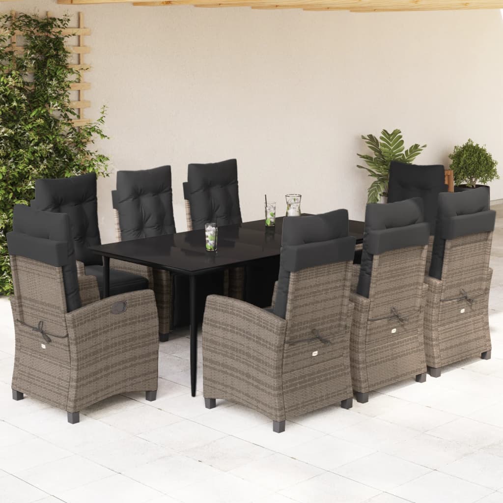 9-tlg. Garten-Essgruppe mit Kissen Grau Poly Rattan